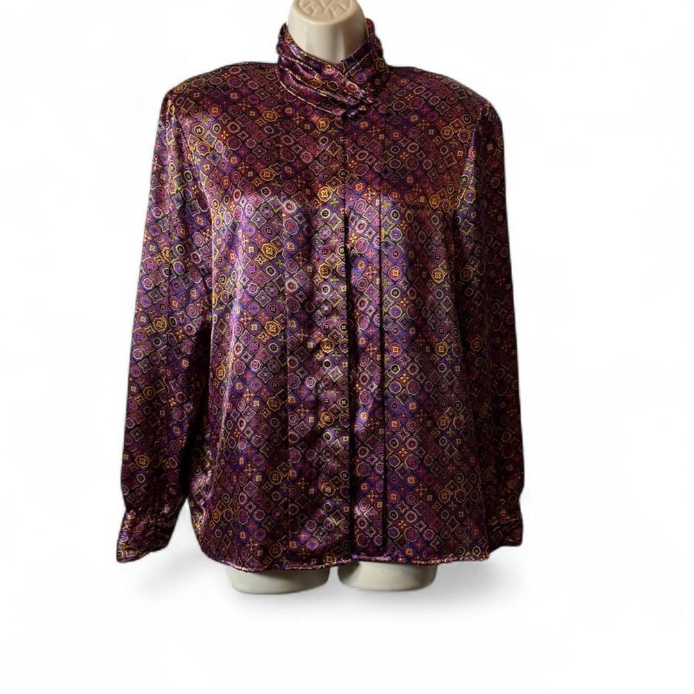 Vintage 90s Martinique Purple Jewel Tone Geometric Satin Blouse, Women's Size 12